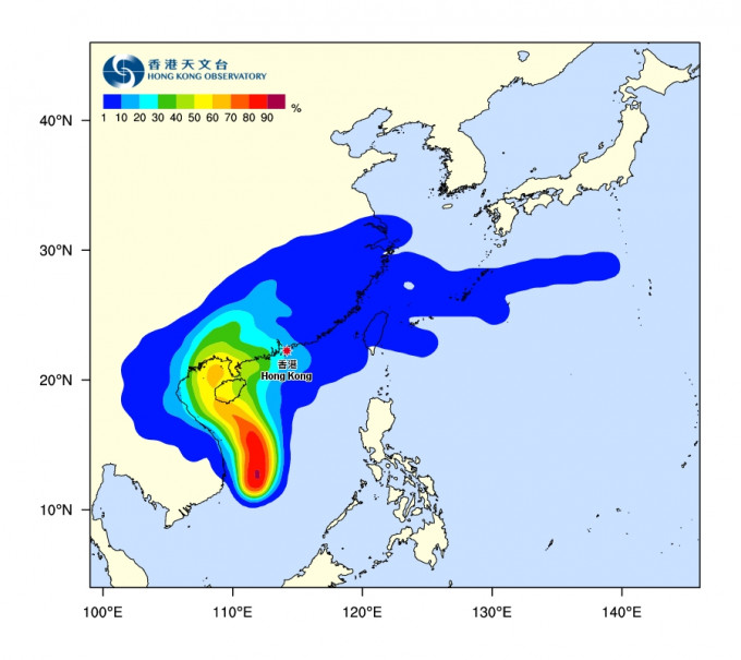 天文台预测热带气旋路径概率预报图。图片来自天文台网页