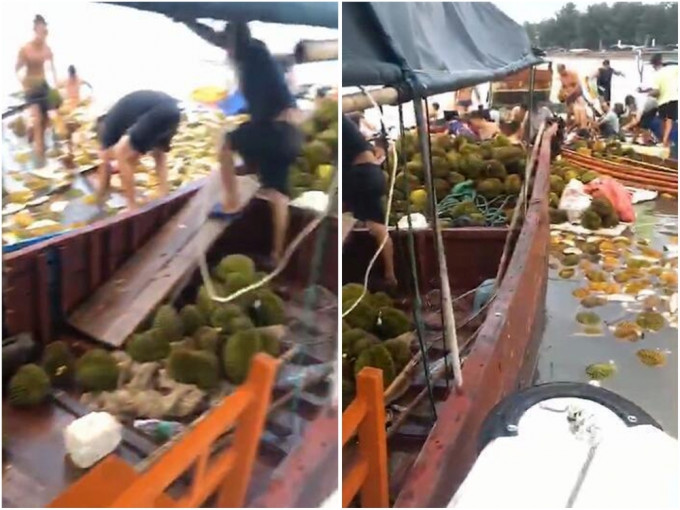 貨船翻側榴槤漂浮海面，村民哄搶食用後集體中毒。(網圖)