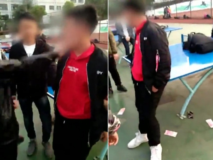 女中学生弄坏男同学手机，用钞票打男同学脸，最后还把钱扔在地上羞辱对方。（网图）