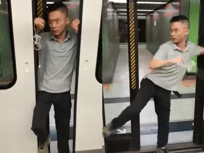 一名怀疑神志不清的男子，用身体档著又脚踢港铁列车车门。FB截图