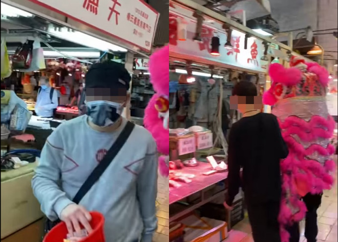 網民拍攝到有3人在元朗合益街市舞獅收取金錢，懷疑索取保護費。Davey Wong instagram影片截圖