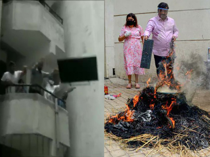 印度有民众将中国产的电视机丢下楼，亦有人将中国制的产品焚毁。(Twitter图片)