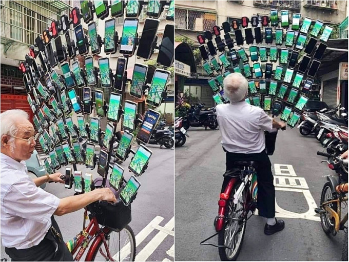 台老伯在单车头放64部手机玩Pokémon GO。FB专页「爆料公社」图片