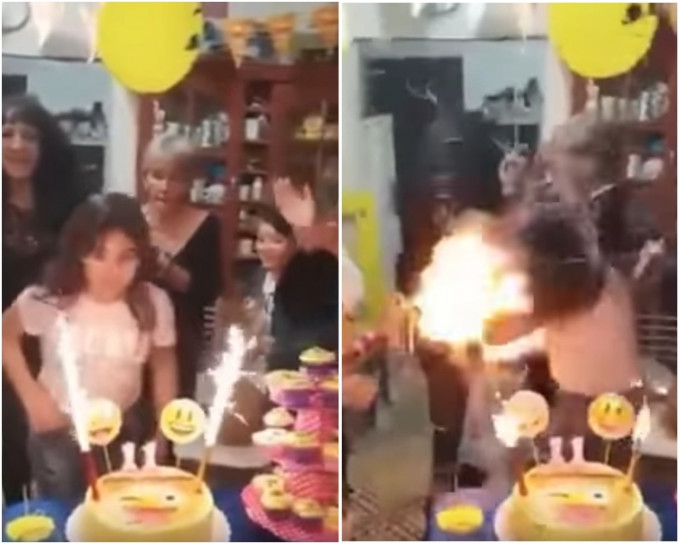 親友在壽星女身上噴噴條，噴條觸碰到煙花蠟燭後搶火，壽星女慘變火球。(影片截圖)