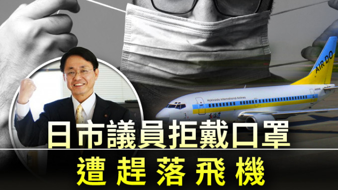 廣島市議員谷本誠一(小圖，twitter圖片)因乘搭內陸機時拒載口罩被趕下機。網上圖片及unsplash圖片