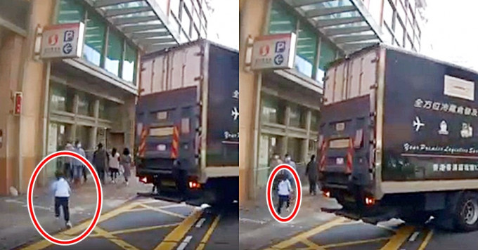 貨車倒後駛入停車場，一名女童突楔車尾衝出。影片截圖