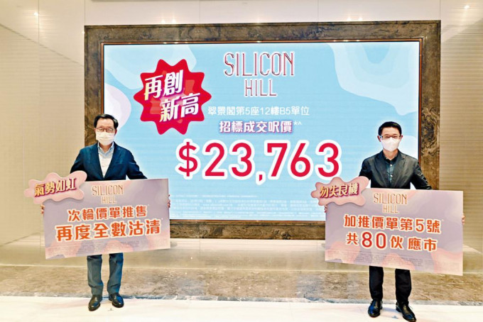 新地雷霆（左）表示，大埔Silicon Hill第1期加推80伙，折實平均呎價約17641元，屬原價加推。右為胡致遠。