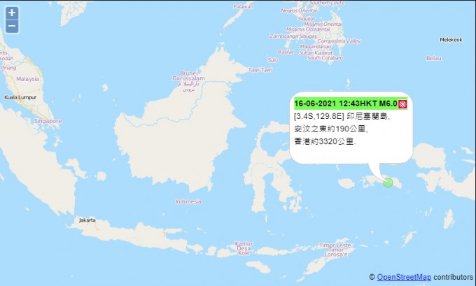天文台錄得印尼發生6級地震。天文台圖片