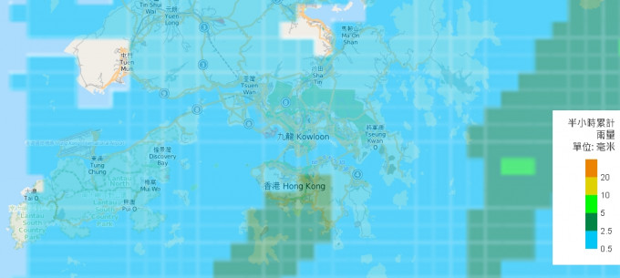 天文台预报系统预料云雨先对港岛有影响（7时图像）。