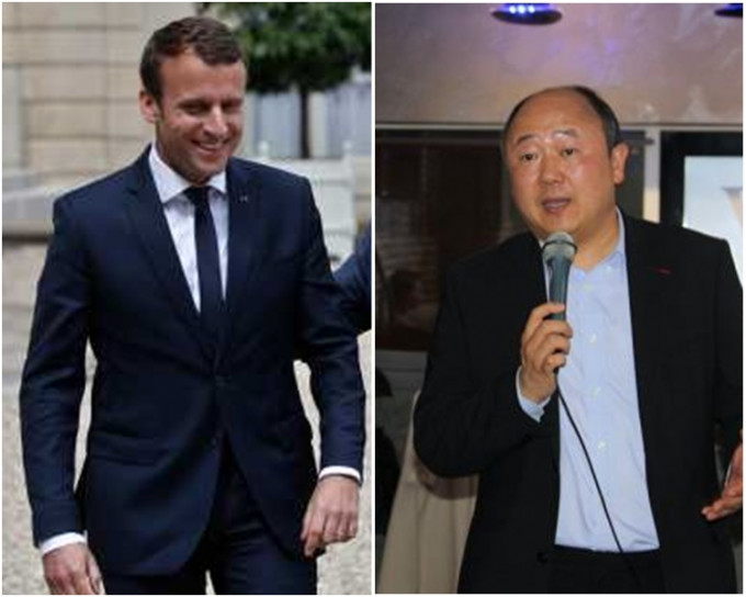 图右，陈文雄有望成为法国首位华裔国会议员。图左为马克龙。
