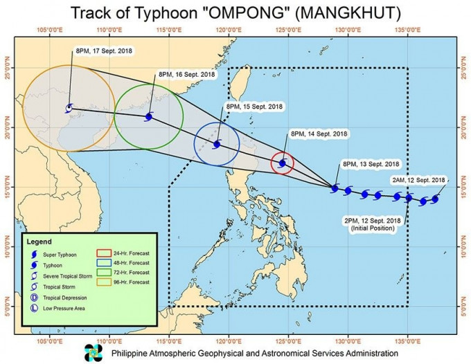 超強颱風「山竹」逼近菲律賓，威力逐漸增強，預料會在周六（15日）登陸菲律賓呂宋北部。(網圖)