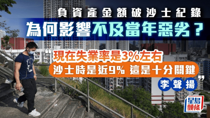 负资产金额破沙士纪录 为何影响不及当年恶劣？ 李声扬︰现在失业率是3%左右 沙士时是近9% 这是十分关键