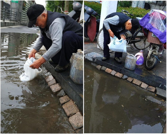 王伯每逢雨后都蹲在路边用胶袋收集路边的积水。