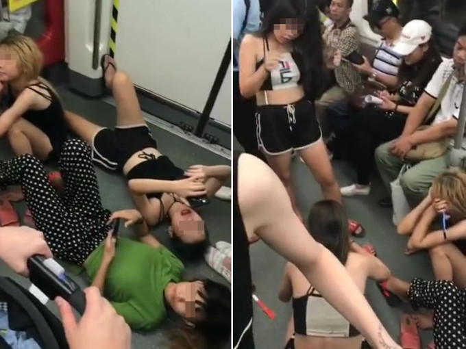 廣州多名女孩躺臥地鐵車廂地上，引發熱議。（網圖）