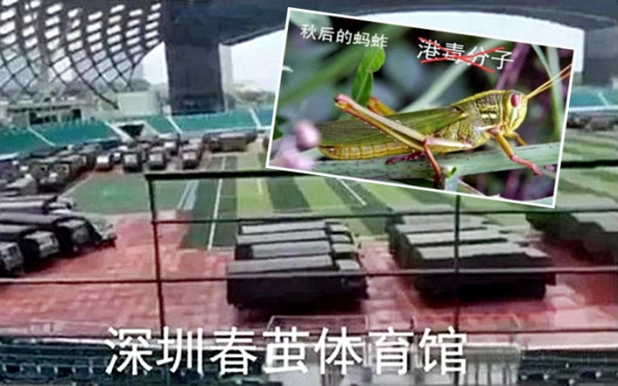 解放军多布多辆绿色军车停在深圳春茧体育馆的照片，又指蝗虫「在秋天会逐渐绝迹」。