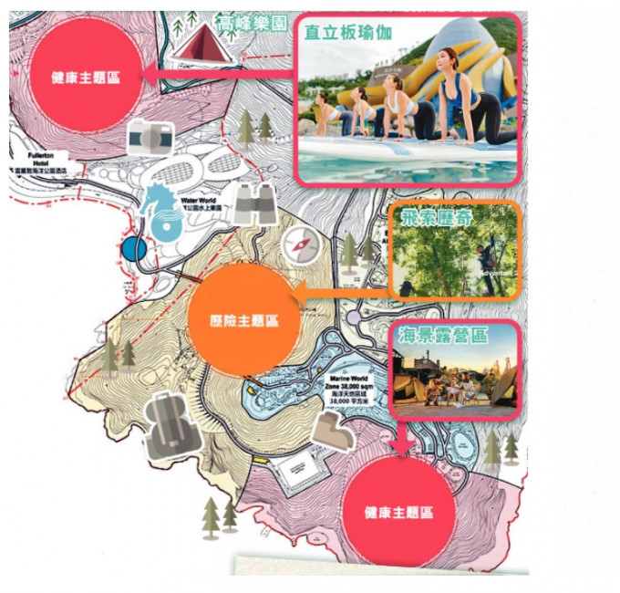 「健康主題區」兩幅地，其一毗鄰水上樂園的大片未開墾用地，另一幅鄰近已退役的跳樓機。