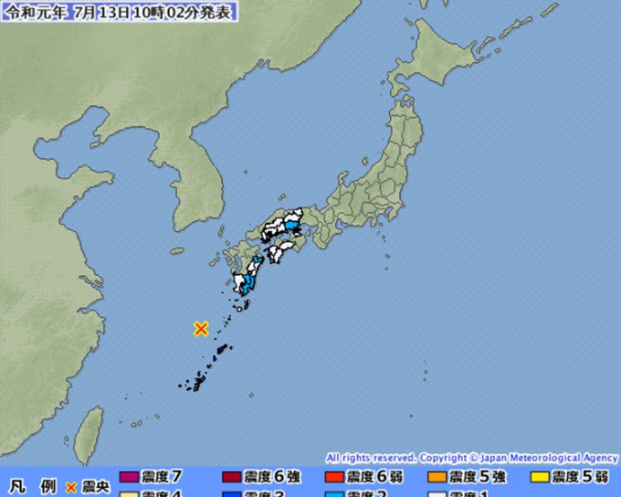 冲绳县以北发生6.1级地震。图：日本气象厅