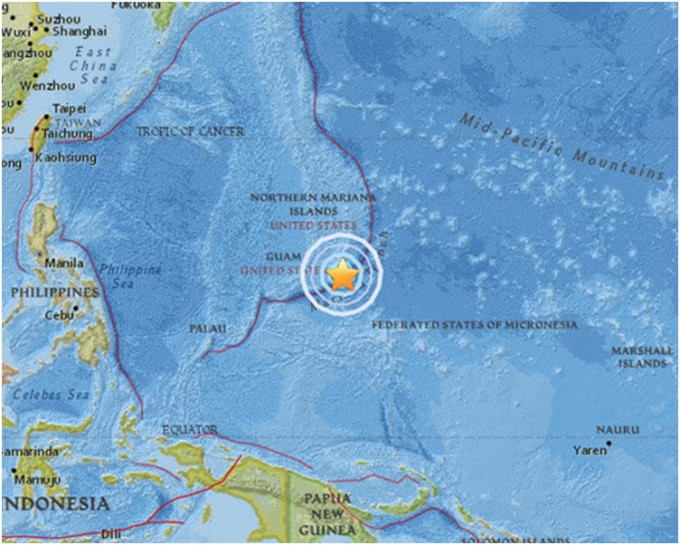 震央位於關島東南部120多公里的馬利安納海峽。網圖