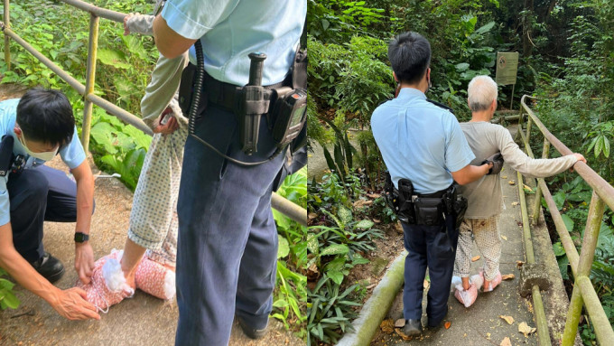 军装警将一个咕𠱸剪开两半，绑在老翁的脚上充当临时鞋子。警方fb