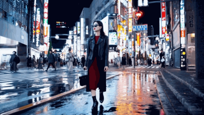 Sora按文字提示生成的短片，可见一名时尚女性在霓虹灯光四射的东京街道行走，穿黑皮外套和连衣红裙。 网上图片