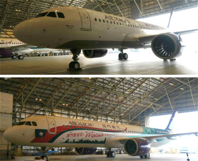 澳門航空引進2架新客機，命名為「南灣號」（上）及「回歸號」（下）。澳廣視截圖