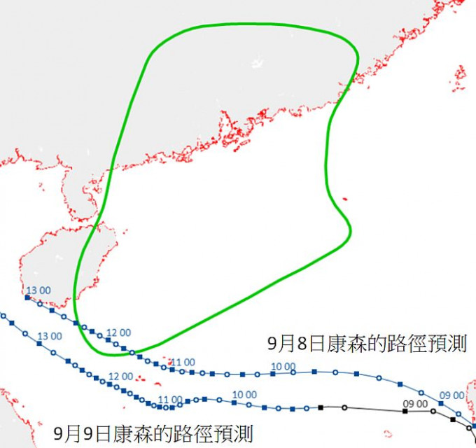  「猪腰」（绿色圈）显示，位于香港西南方向的热带气旋较容易在远距离引致香港吹东至东南强风。而康森在9月9日的位置及路径预测皆较9月8日远离香港，本港离岸吹强风的机会减低。天文台