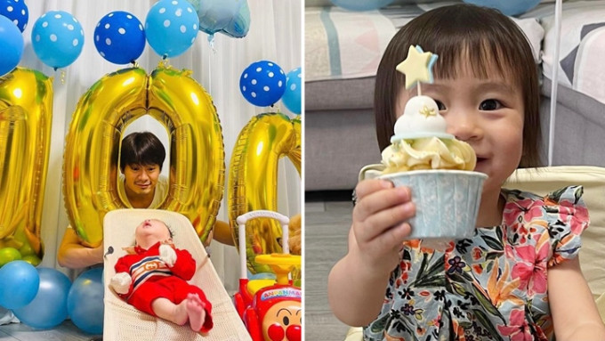 罗子溢杨茜尧细仔出世100日，囡囡小珍珠举cup cake庆祝 。