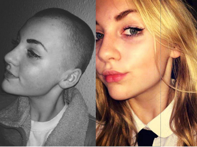 14岁少女鲍德温为慈善将一头金发剃光捐出，却遭到学校处罚。（互联网图片）