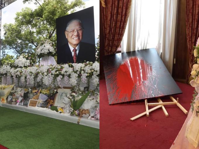 李登輝今日進行入殮儀式，追思會上李登輝的照片遭台灣女藝人鄭惠中潑紅漆。(AP圖/網圖)
