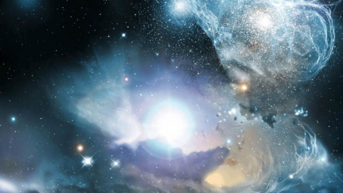 国家科研人员发现宇宙中最古老恒星遗迹。图为第一代恒星遗迹孕育第二代恒星。（央视图片）