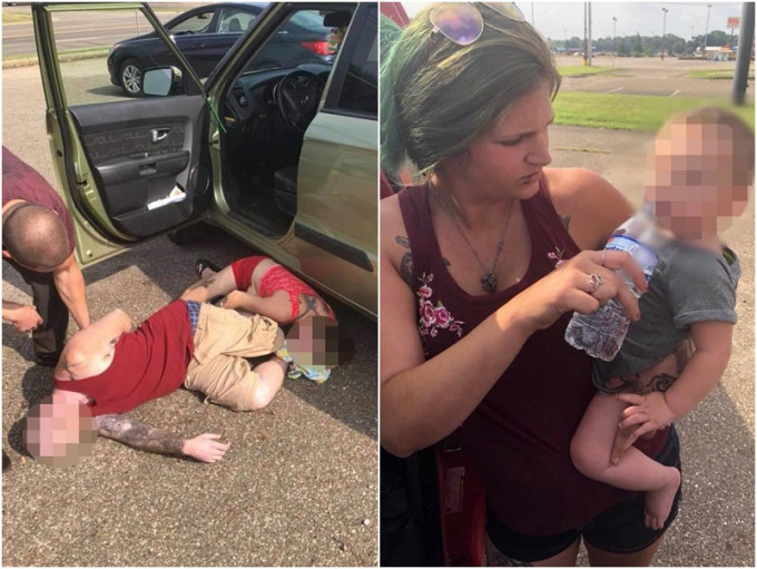 美国一对吸毒父母倒卧地上(左图);路人救出女婴即喂水(右图)。网图