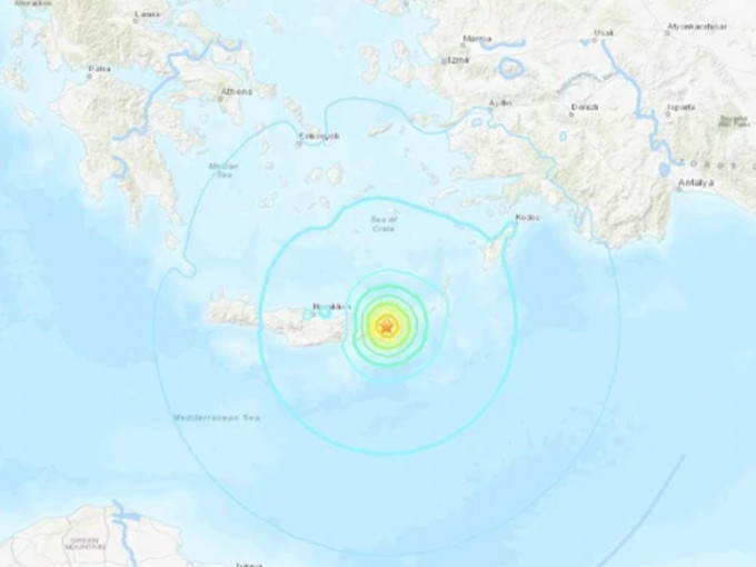 希臘克里特島發生6.3級地震。美國地質調查局圖片