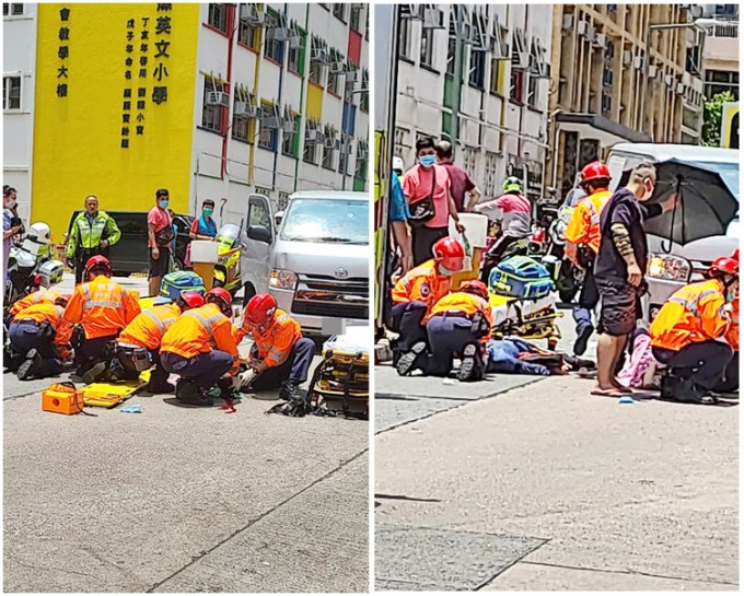 救护员到场将伤者送伊利沙伯医院抢救。fb「To Kwa Wan 土瓜湾之友」Candy Wong‎图片