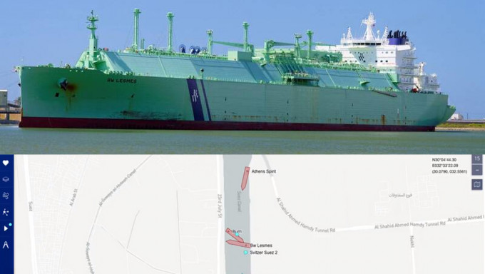 蘇伊士運河又出事，油輪撞上擱淺的運載液化天然氣的輪船。路透社資料圖/Marine Traffic圖