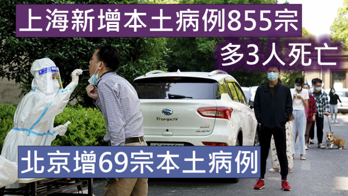 上海新增本土病例855宗多3人死亡，北京增69宗。AP
