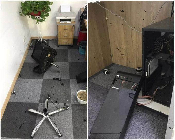 安徽合肥一個辦公室內的氣壓椅突然爆炸斷開，電腦主機亦被擊中裂開。網圖