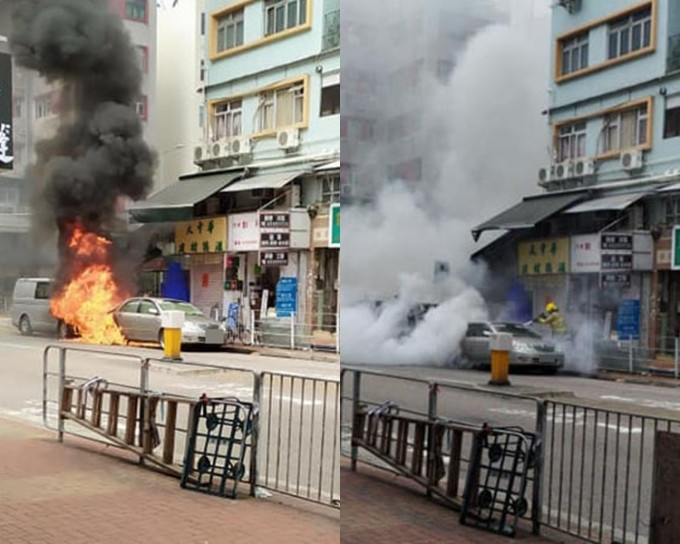 貨Van車頭起火，波及前方私家車，消防員救熄。 香港突發事故報料區FB/網民細欣圖