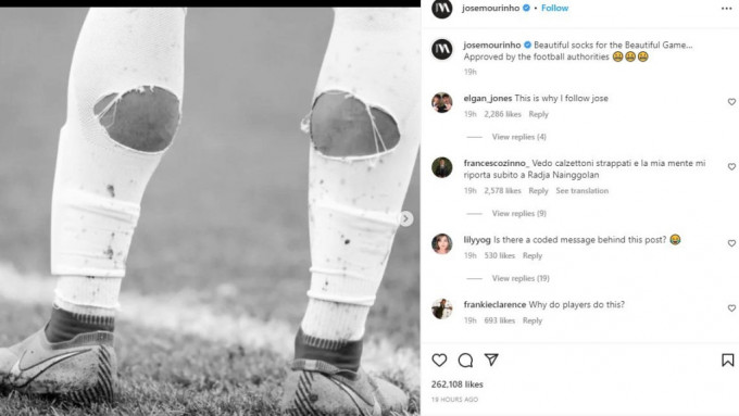 摩连奴于个人社交网络上载穿窿袜相，批评球员唔专业。网上图片