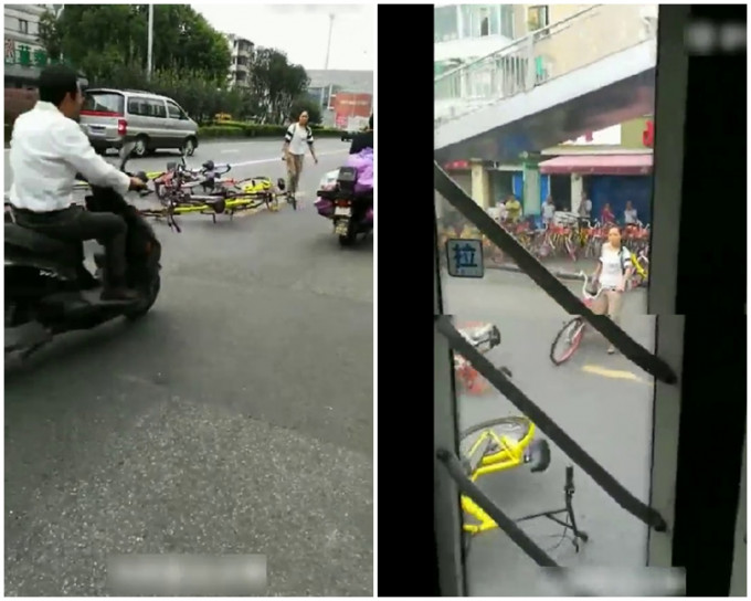 女子把共享单车全抛到马路中央以表不满。片段截图