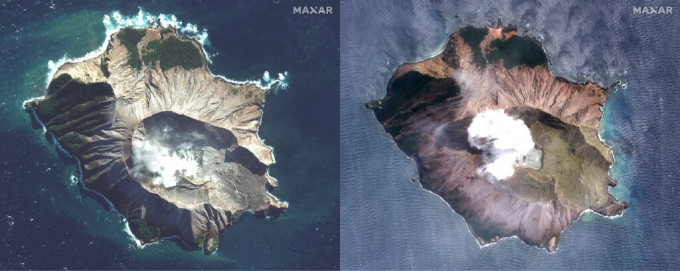 懷特島今年5月外貌（左）與火山爆發後情況（右）。AP圖片