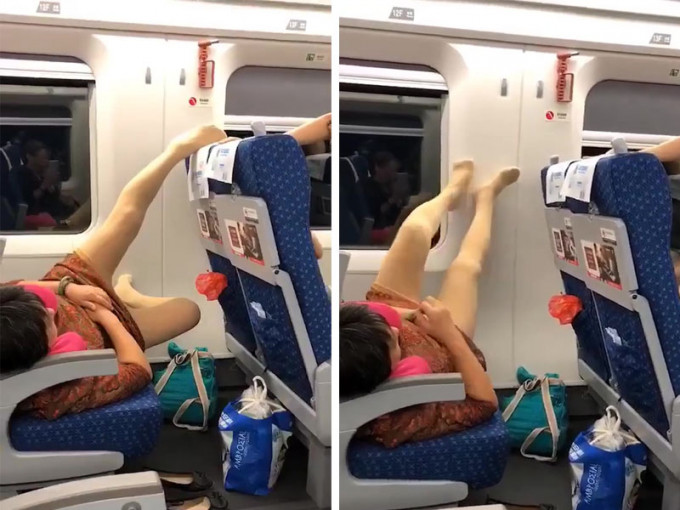 恶心！大妈霸座新姿势，在列车上脱鞋躺一排座位， 脚搁前排座背。（网图）