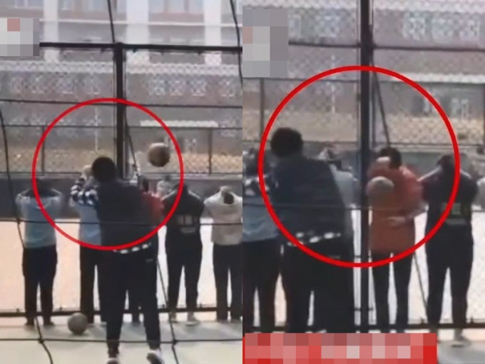 该名体育老师用排球砸向学生，引起网民质疑体罚。影片截图