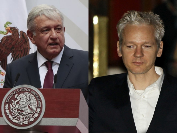 墨西哥總統洛佩斯（左）表示，墨西哥願向維基解密創辦人阿桑奇（右）提供政治庇護。ap圖
