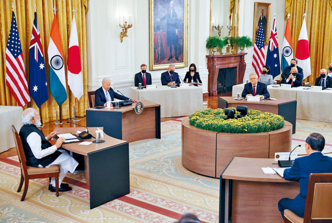 ■拜登、莫迪、菅义伟、莫里森上周五在白宫东厅举行四方安全对话。