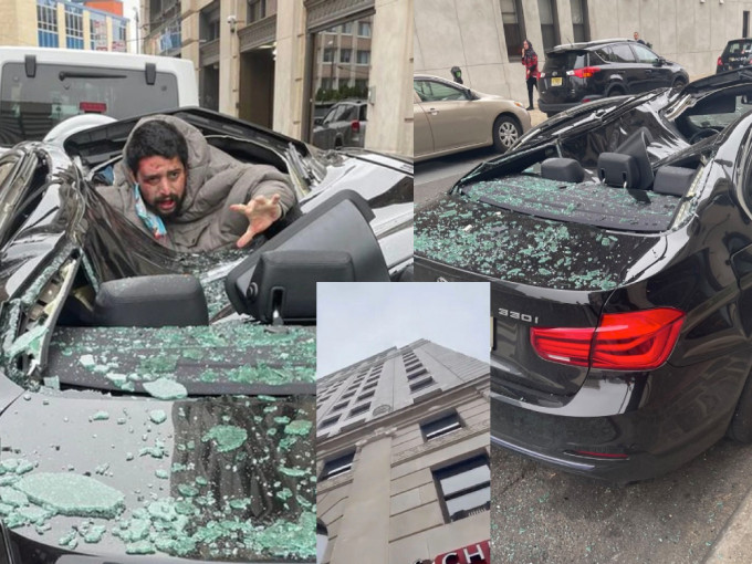 美国男子从中厦9楼堕下，压毁一辆私家车。 （网上图片）