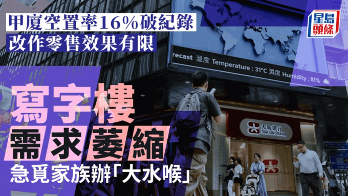 香港写字楼空置率屡创新高，去年整体空置率升至14.9%，当中甲级写字楼空置率为16%。