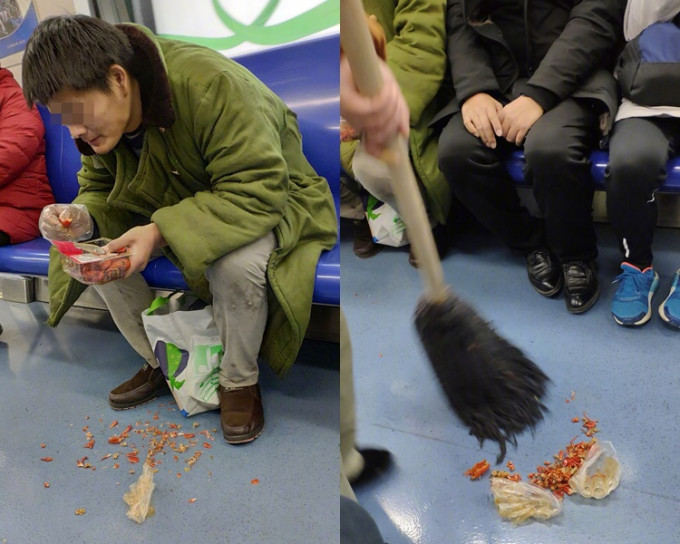 北京一名男子竟因心情不好而在地铁吃小龙虾，还将虾壳丢到地上。网图