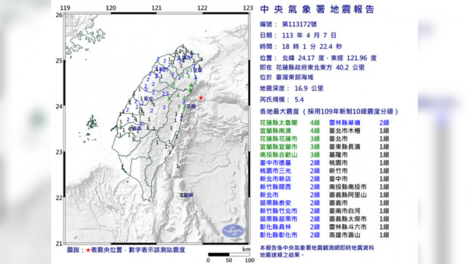 台灣東海再發生5.4級地震。