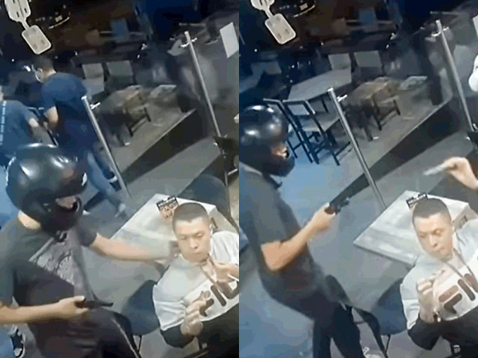 遇匪徒持枪闯餐厅恐吓，男子仍淡定食鸡翼。影片截图