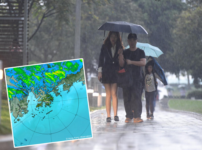 位於廣東內陸的一道雷雨帶正逐漸向南移動，可能會在未來一兩小時影響本港。 資料圖片及天文台網頁截圖